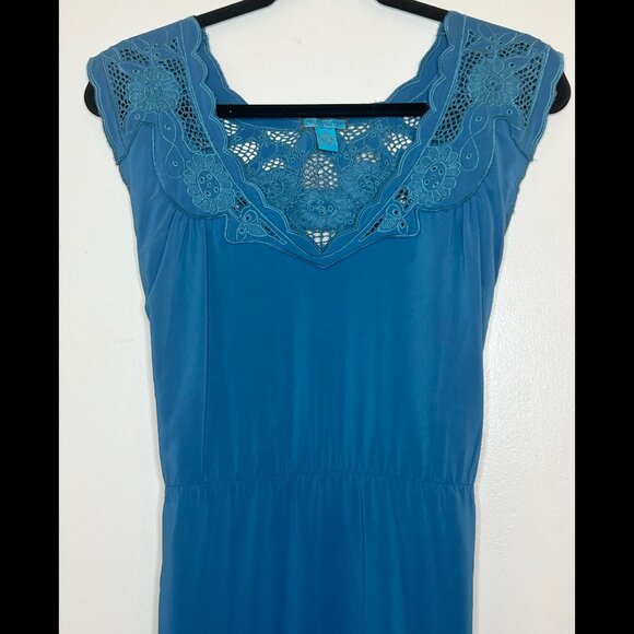 AKUALANI Boho Dusty Blue Turquoise Tieback Dress Scalloped Lace Neckline Size SM - Picture 3 of 6